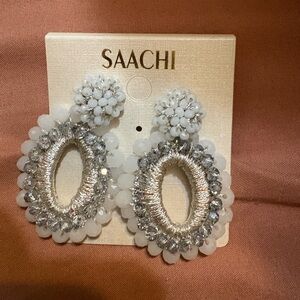 SAACHI White & Silver Floral Oval Drop Earrings